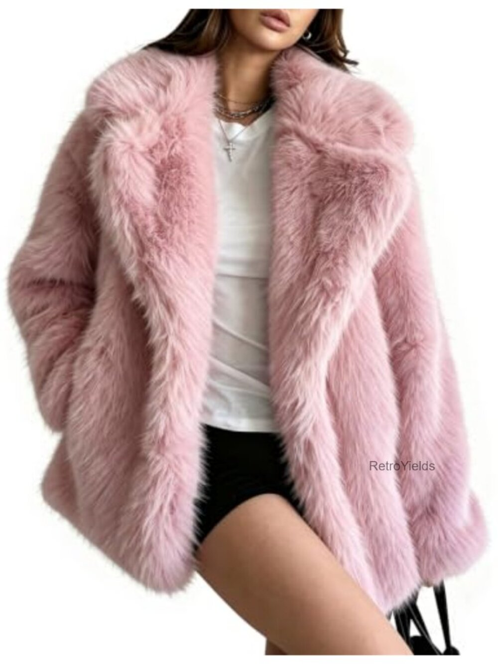 Womens Faux Fur Coat Mid Long Warm Winter Fluffy Jacket Shawl Collar